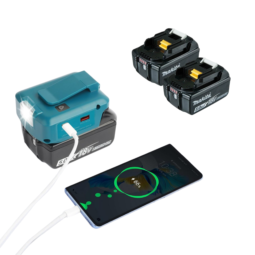 Makita 18V LXT ADP05 Power Source – Cordless USB Charger + 2x 5.0Ah Battery Pack