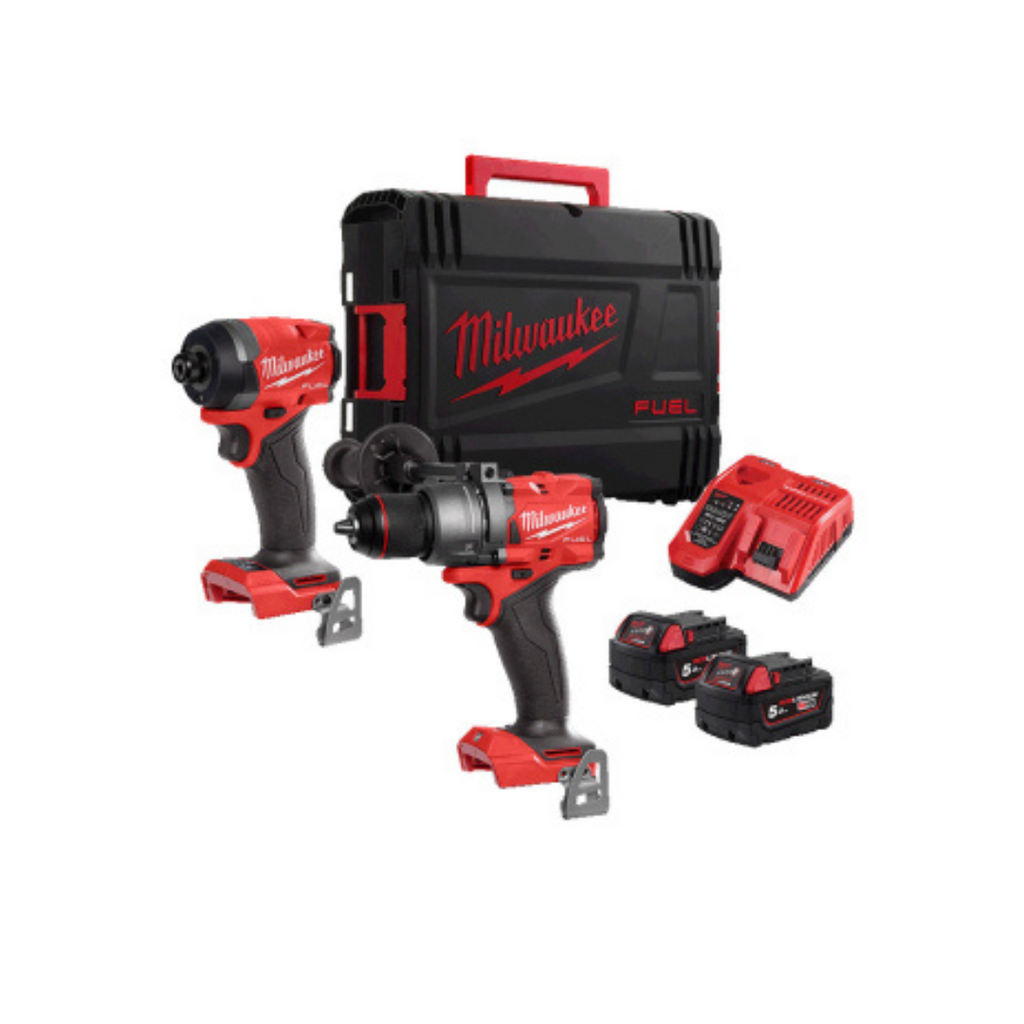 Milwaukee M18 FUEL 18V Cordless Twin Pack: Combi Drill + Impact Driver, 2×5.0Ah Batteries, Charger & Case