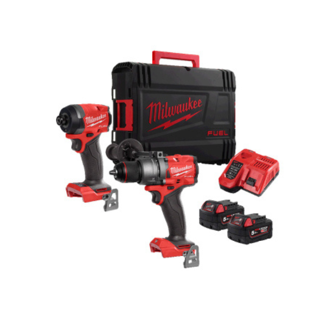 Milwaukee M18 FUEL 18V Cordless Twin Pack: Combi Drill + Impact Driver, 2×5.0Ah Batteries, Charger & Case