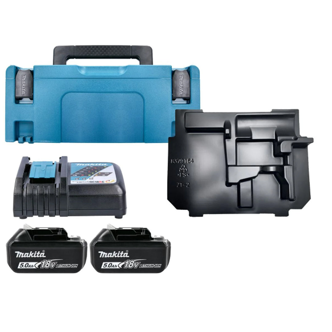 Makita 18V LXT Battery & Charger Kit — 2×5.0Ah BL1850B, DC18RC Charger, Makpac Type 2 Case